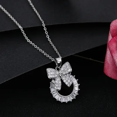Luxury Round Cubic Zirconia Bow Necklace Earring Set 4pc 